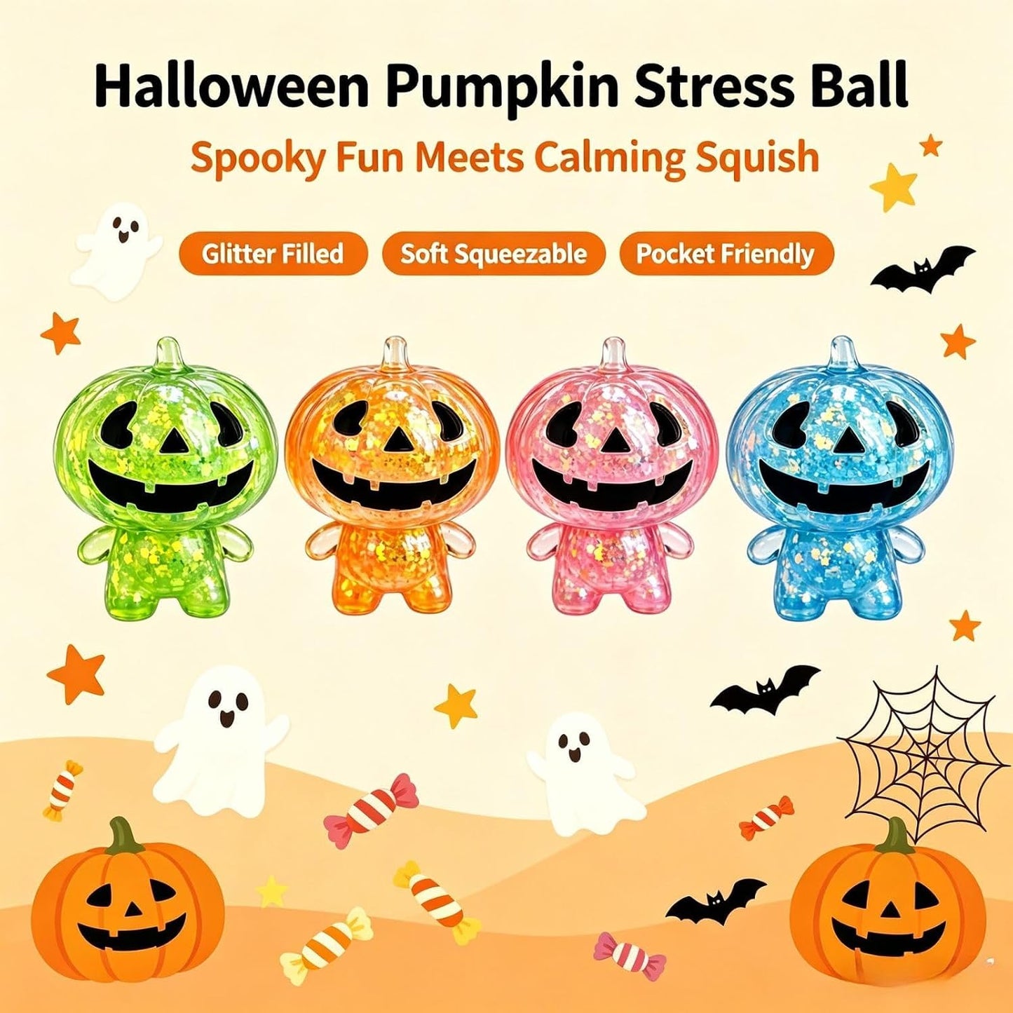 Halloween Pumpkin Ghost Squishy – Soft Squeezable Figurine for Party Favors, Gift Bags & Spooky Desk Decor,Yellow Pumpkin Man