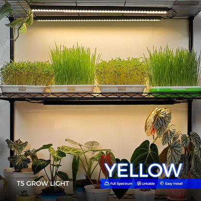 T5 Grow Lights for Indoor Plants, 2FT 20W (2 x 10W), Black Cover Plant Growing Lamp with Magnetic Installation, Full Spectrum Grow Light Strip with Separate Switch, Linkable, Yellow, 2 Packs