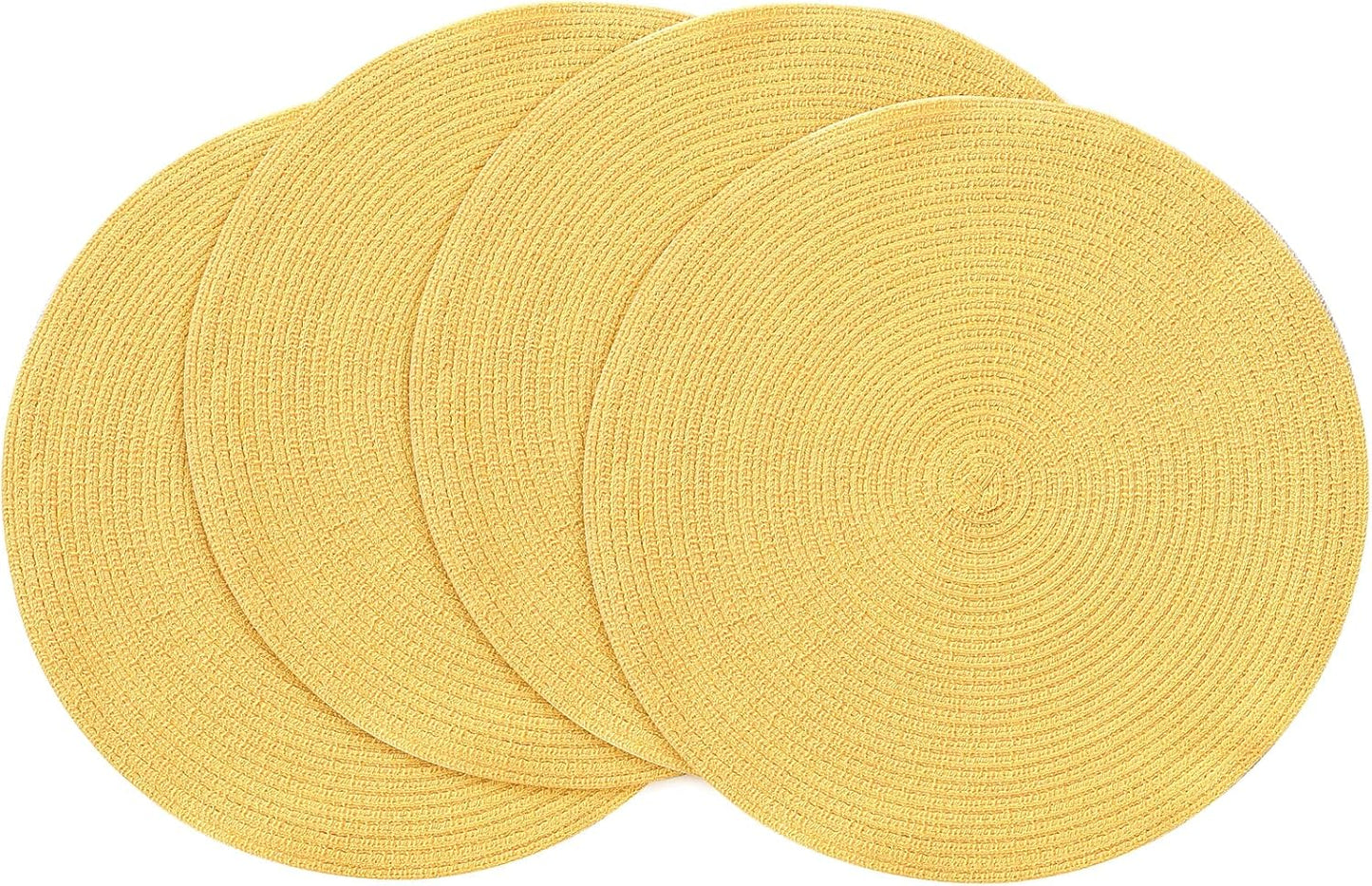 15 Inch Round Braided Placemats Set of 4, Washable Heat Resistant Cotton Polyester Circle Place Mats for Kitchen Dining Table - Yellow