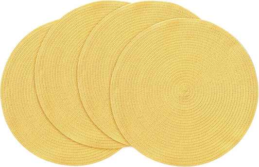 15 Inch Round Braided Placemats Set of 4, Washable Heat Resistant Cotton Polyester Circle Place Mats for Kitchen Dining Table - Yellow