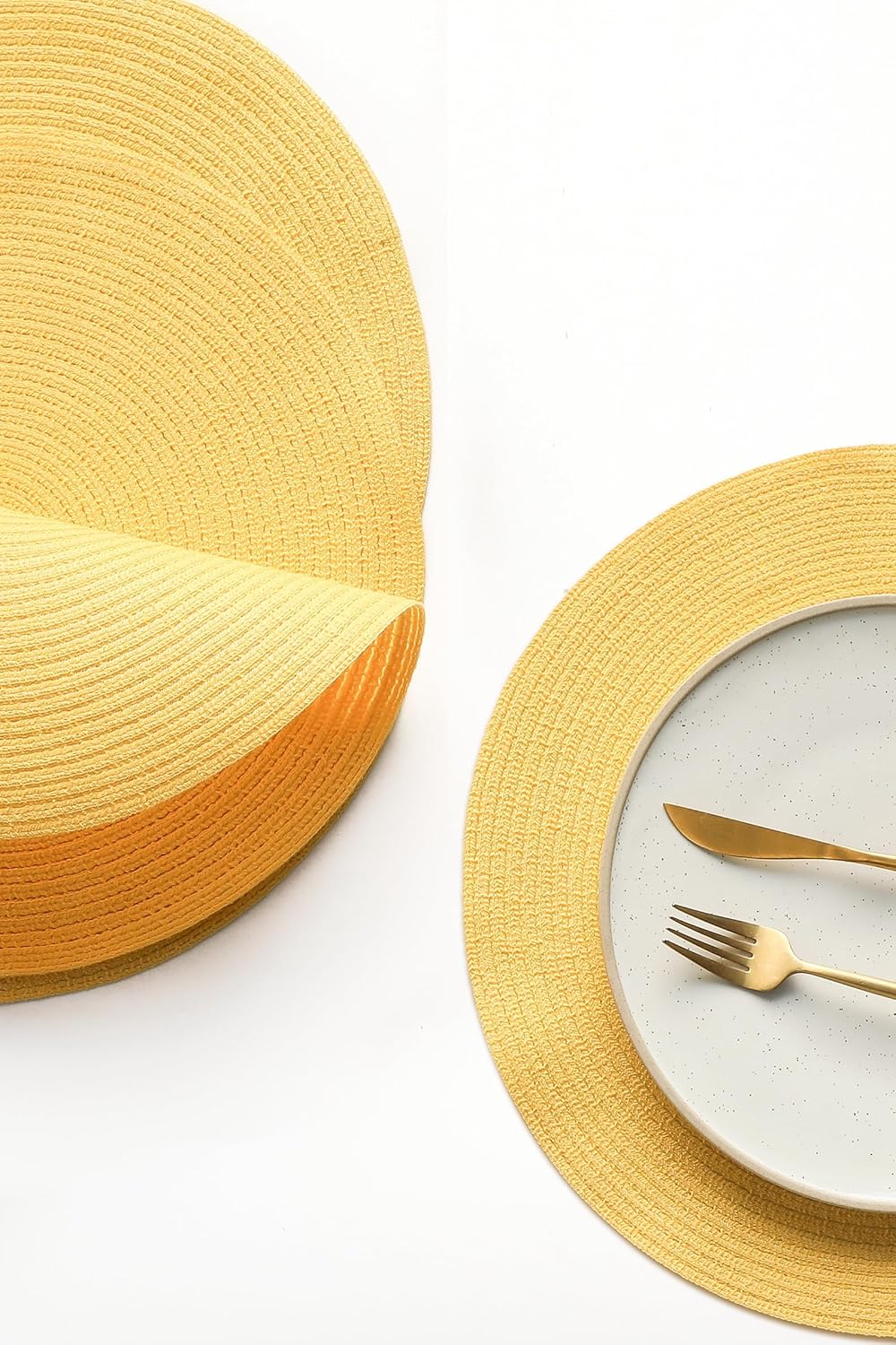 15 Inch Round Braided Placemats Set of 4, Washable Heat Resistant Cotton Polyester Circle Place Mats for Kitchen Dining Table - Yellow