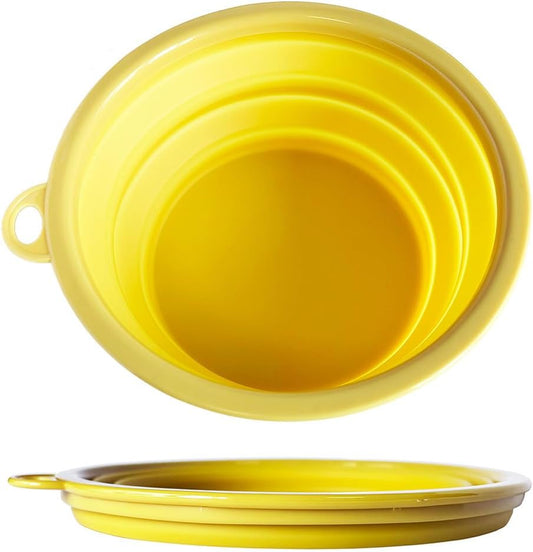 SiliconeSnap Travel Pet Bowl - Collapsible 6.8" Dog Food Dish with Easy Hook Hole, Sun Yellow Washable Feeder