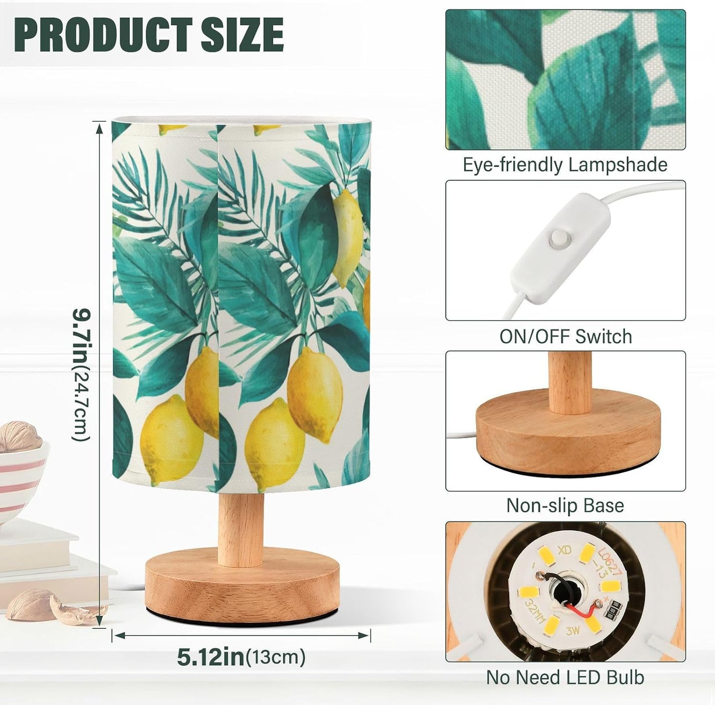 Bedside Table Lamp Lemon Yellow Citrus Fruits (57) Kids Nightstand Lamp Night Light Fabric Shade for Bedroom Living Room Home Office