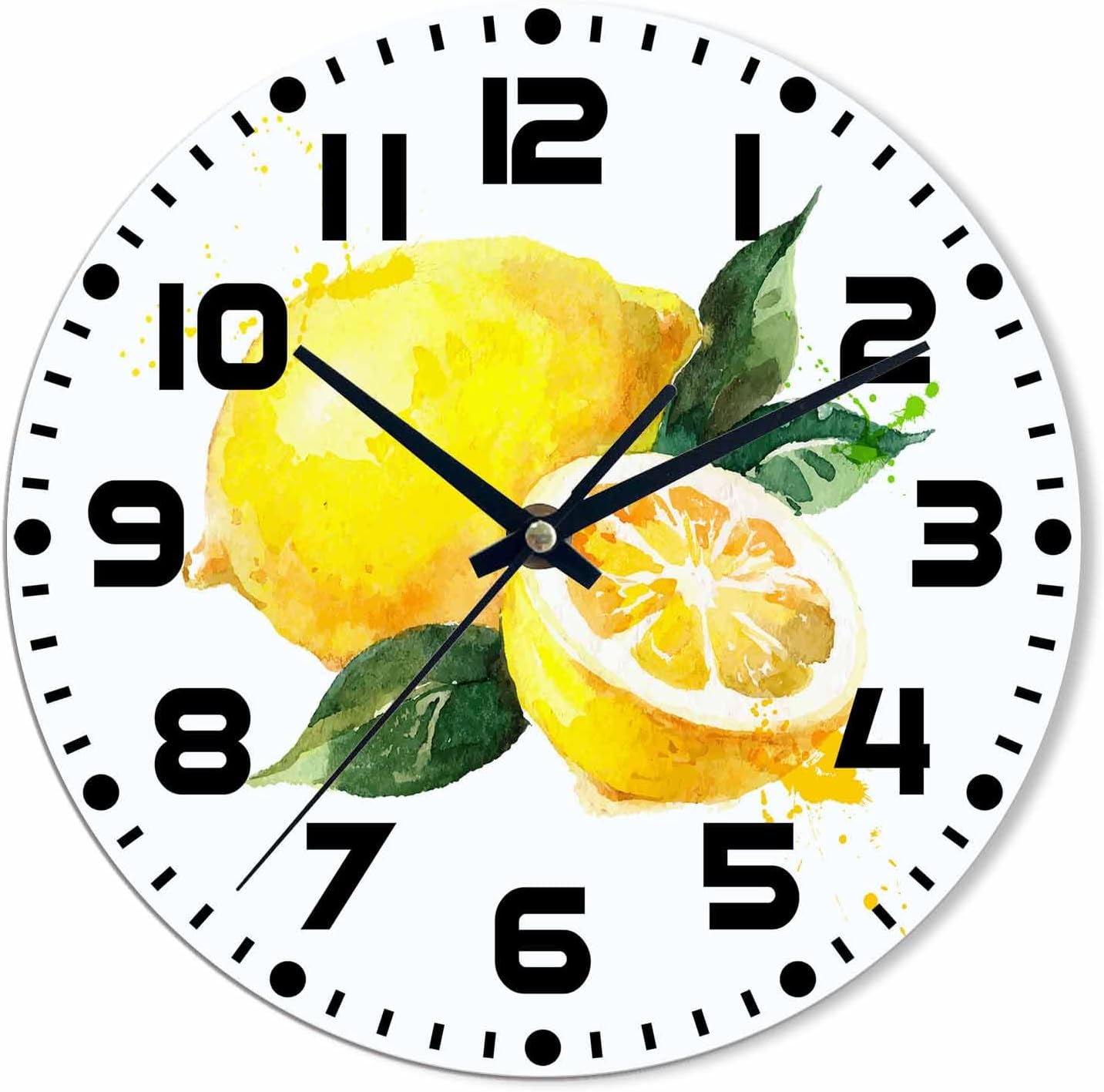 Lemon Wall Clock Yellow-Green Lemon Leaves Battery Powered Wall Clock Silent Non Ticking 10 Inch for Living Room, Kitchen, Home,Bathroom, Bedroom - Colors A