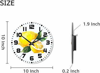 Lemon Wall Clock Yellow-Green Lemon Leaves Battery Powered Wall Clock Silent Non Ticking 10 Inch for Living Room, Kitchen, Home,Bathroom, Bedroom - Colors A