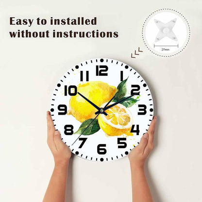 Lemon Wall Clock Yellow-Green Lemon Leaves Battery Powered Wall Clock Silent Non Ticking 10 Inch for Living Room, Kitchen, Home,Bathroom, Bedroom - Colors A