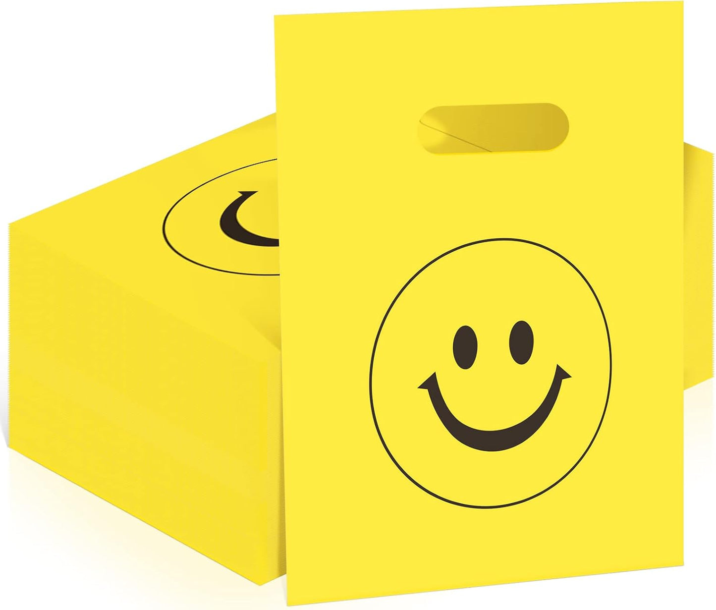 300 Pieces Smile Face Gift Bags 6" x 8" Plastic Party Favors Goodie Treat Bags Bulk with Handle for Kids Birthday Party Classroom School Supplies(Yellow)