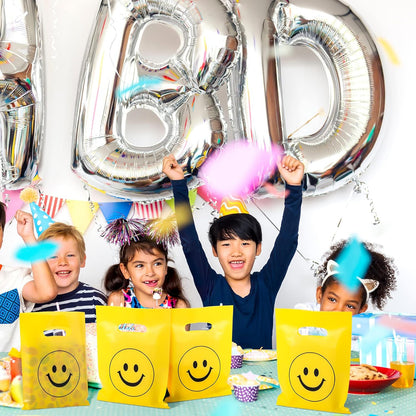 300 Pieces Smile Face Gift Bags 6" x 8" Plastic Party Favors Goodie Treat Bags Bulk with Handle for Kids Birthday Party Classroom School Supplies(Yellow)