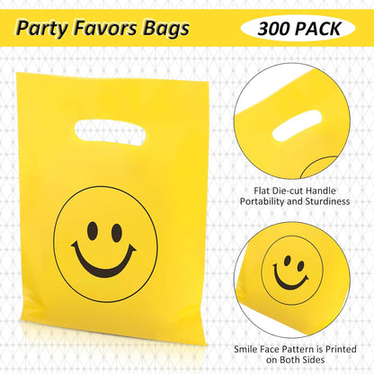 300 Pieces Smile Face Gift Bags 6" x 8" Plastic Party Favors Goodie Treat Bags Bulk with Handle for Kids Birthday Party Classroom School Supplies(Yellow)