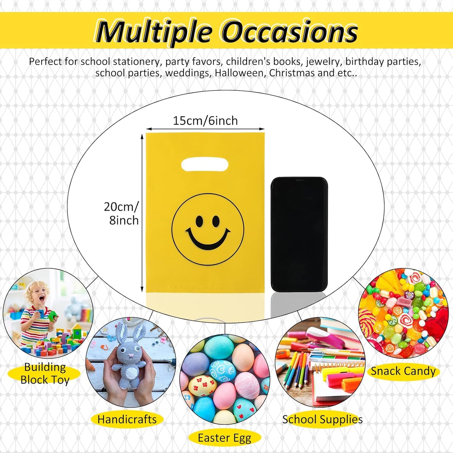 300 Pieces Smile Face Gift Bags 6" x 8" Plastic Party Favors Goodie Treat Bags Bulk with Handle for Kids Birthday Party Classroom School Supplies(Yellow)