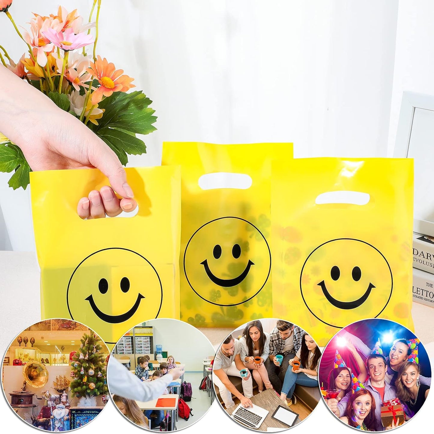 300 Pieces Smile Face Gift Bags 6" x 8" Plastic Party Favors Goodie Treat Bags Bulk with Handle for Kids Birthday Party Classroom School Supplies(Yellow)