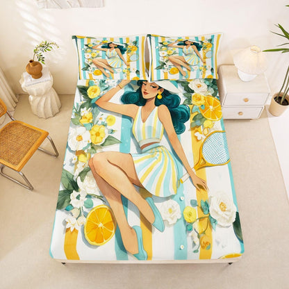 Trendy Tennis Printed Kid Twin Size,Tennis Racket Balls Polyester Microfiber Bed Fitted Sheet & Pillowcase，Yellow Lemon Floral Striped Wrinkle Resistant Bedding,Preppy Sports All Season Bedding
