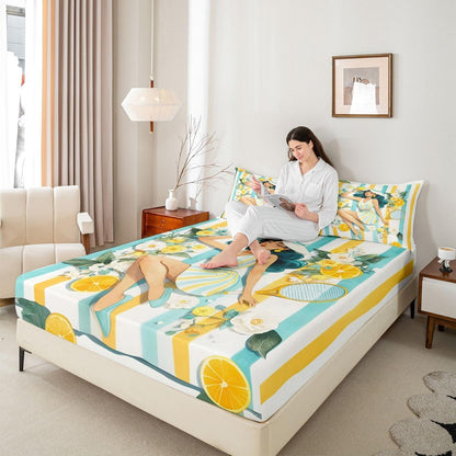 Trendy Tennis Printed Kid Twin Size,Tennis Racket Balls Polyester Microfiber Bed Fitted Sheet & Pillowcase，Yellow Lemon Floral Striped Wrinkle Resistant Bedding,Preppy Sports All Season Bedding