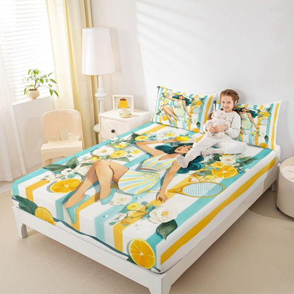 Trendy Tennis Printed Kid Twin Size,Tennis Racket Balls Polyester Microfiber Bed Fitted Sheet & Pillowcase，Yellow Lemon Floral Striped Wrinkle Resistant Bedding,Preppy Sports All Season Bedding