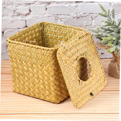 5pcs Handwoven Seagrass Tissue Paper Box Cover Napkin Holder Elegant Yellow Decor for Bathroom Office Desk Convenient Tissue Dispensing Refillable Design Minimum Purchase