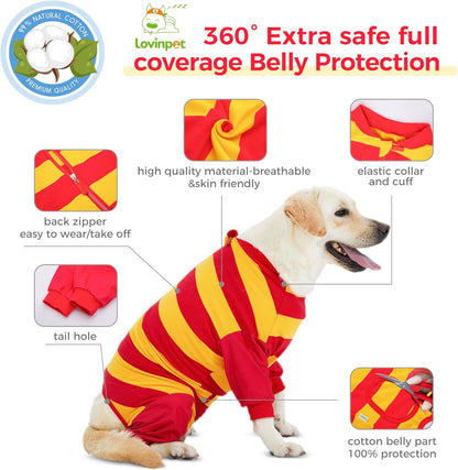Dog Recovery Suit, Leg Wrap E-Collar Alternative for Large Medium Dogs, Abdominal Post-Surgery Care, Wide Stripe, Red Yellow, XL