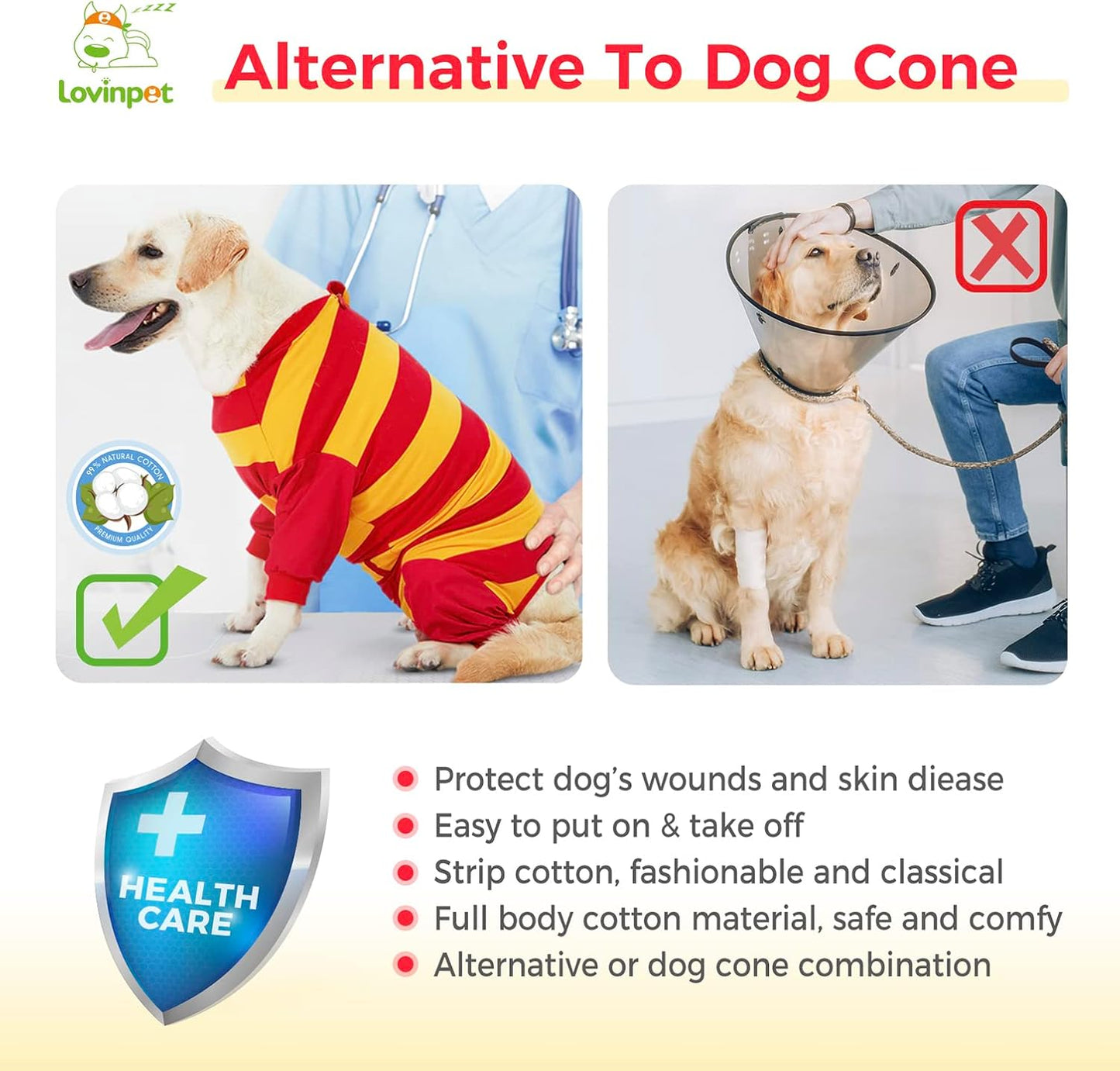 Dog Recovery Suit, Leg Wrap E-Collar Alternative for Large Medium Dogs, Abdominal Post-Surgery Care, Wide Stripe, Red Yellow, XL