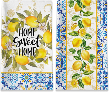 Lemon Kitchen Towels, Lemon Mediterranean Dish Towels Set of 2, Farmhouse Home Sweet Home Kitchen Decor, Summer Yellow Decorative Hand Tea Towels for Housewarming (18x26 Inches)