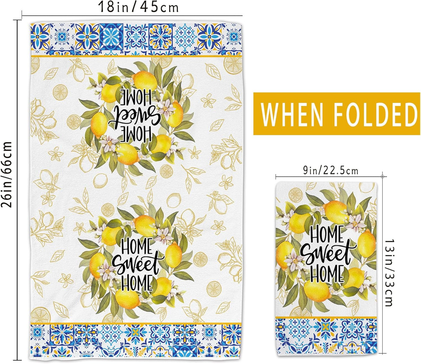 Lemon Kitchen Towels, Lemon Mediterranean Dish Towels Set of 2, Farmhouse Home Sweet Home Kitchen Decor, Summer Yellow Decorative Hand Tea Towels for Housewarming (18x26 Inches)