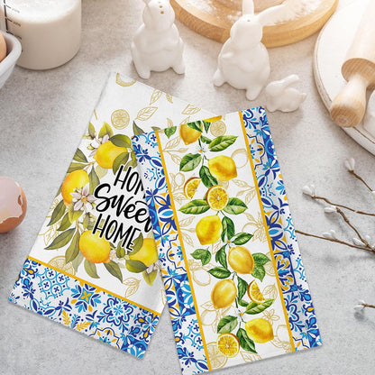 Lemon Kitchen Towels, Lemon Mediterranean Dish Towels Set of 2, Farmhouse Home Sweet Home Kitchen Decor, Summer Yellow Decorative Hand Tea Towels for Housewarming (18x26 Inches)
