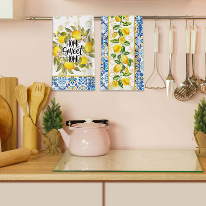 Lemon Kitchen Towels, Lemon Mediterranean Dish Towels Set of 2, Farmhouse Home Sweet Home Kitchen Decor, Summer Yellow Decorative Hand Tea Towels for Housewarming (18x26 Inches)
