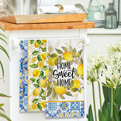 Lemon Kitchen Towels, Lemon Mediterranean Dish Towels Set of 2, Farmhouse Home Sweet Home Kitchen Decor, Summer Yellow Decorative Hand Tea Towels for Housewarming (18x26 Inches)