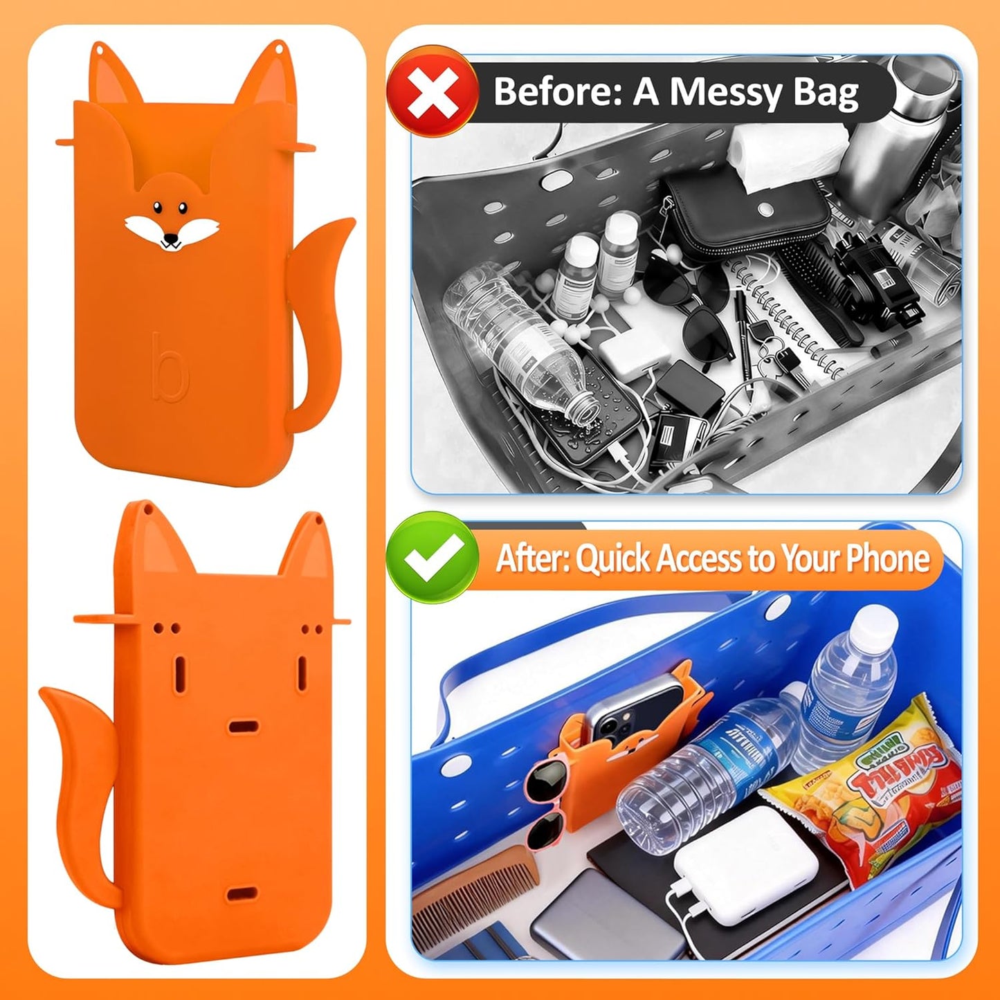 Silicone Phone Holder for Bogg Bags – Compatible Phone Case Attachment, Beach Tote Accessory, Fox-Shaped Bogg Bag Accessories & Charms, Compatible with All Bogg Bags (Dark Blue)