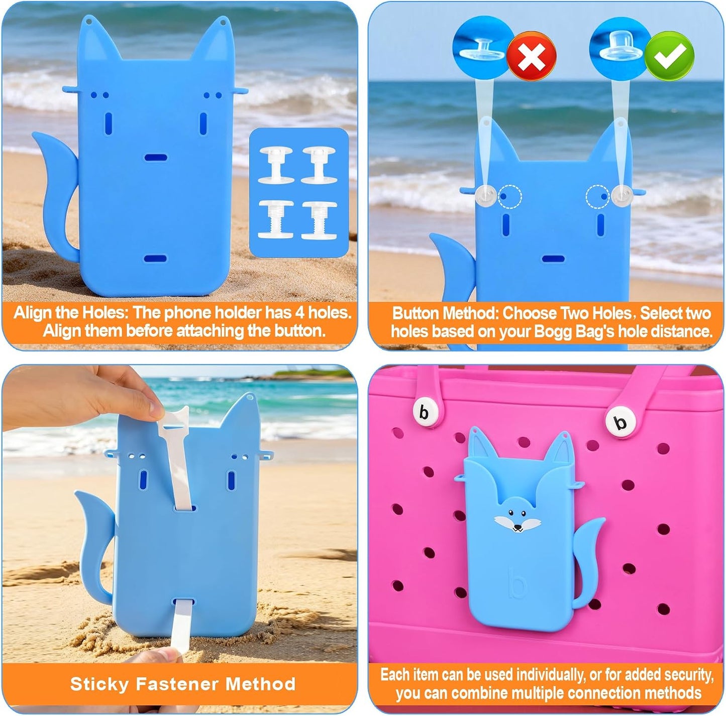Silicone Phone Holder for Bogg Bags – Compatible Phone Case Attachment, Beach Tote Accessory, Fox-Shaped Bogg Bag Accessories & Charms, Compatible with All Bogg Bags (Dark Blue)