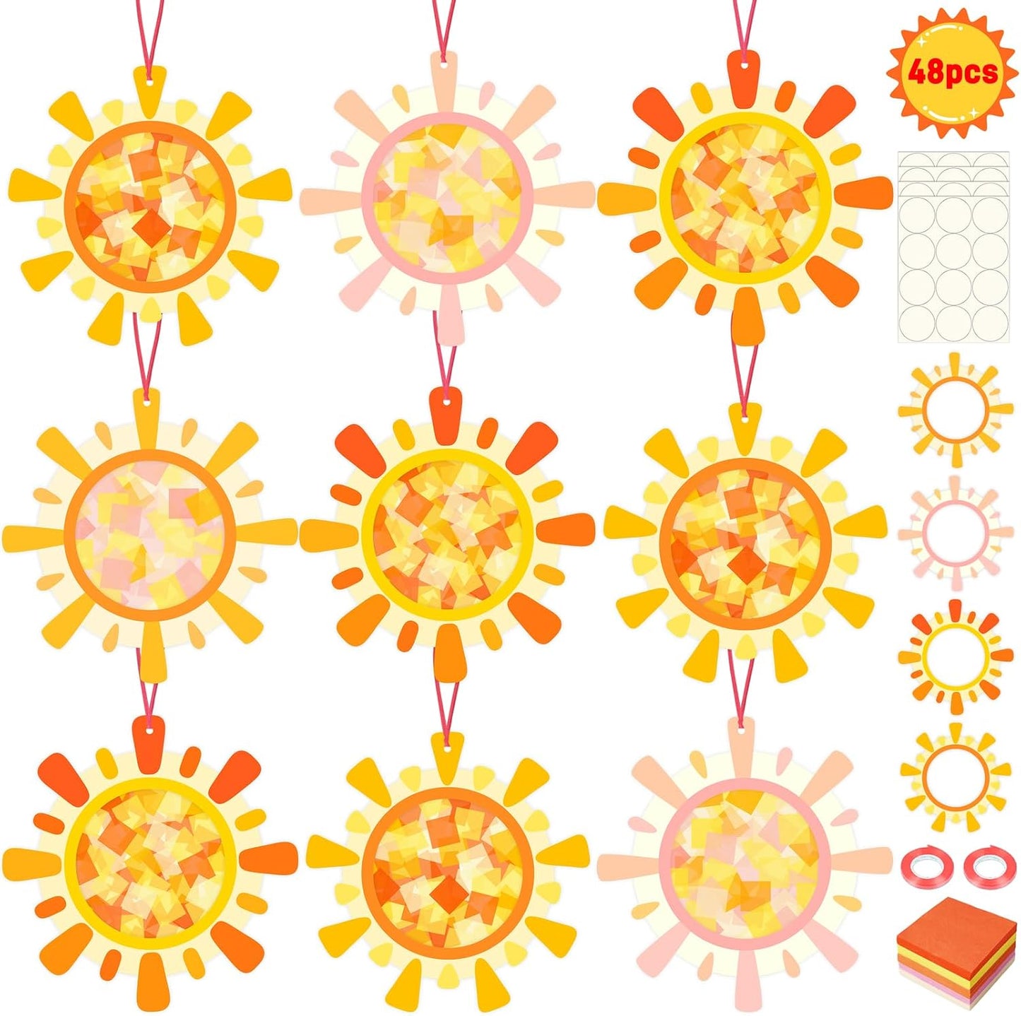 48Sets Summer Crafts Bulk – Sun Tissue Paper Suncatcher DIY Kit for Hanging Decorations, Class Activities, Window Stained Glass Effect Art Supplies