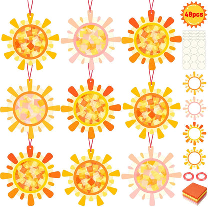 48Sets Summer Crafts Bulk – Sun Tissue Paper Suncatcher DIY Kit for Hanging Decorations, Class Activities, Window Stained Glass Effect Art Supplies