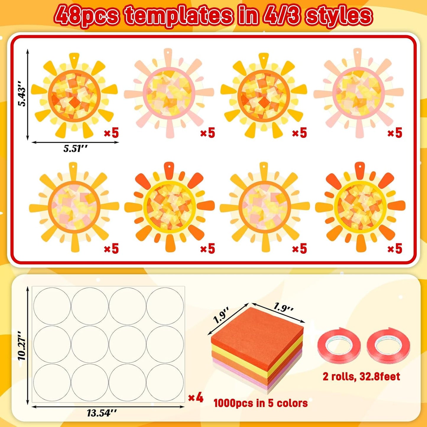 48Sets Summer Crafts Bulk – Sun Tissue Paper Suncatcher DIY Kit for Hanging Decorations, Class Activities, Window Stained Glass Effect Art Supplies