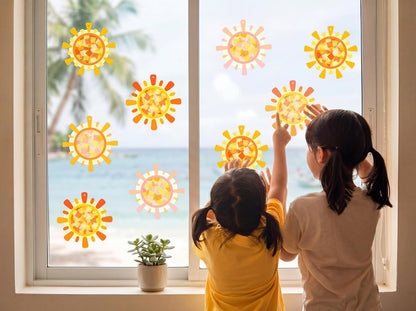 48Sets Summer Crafts Bulk – Sun Tissue Paper Suncatcher DIY Kit for Hanging Decorations, Class Activities, Window Stained Glass Effect Art Supplies