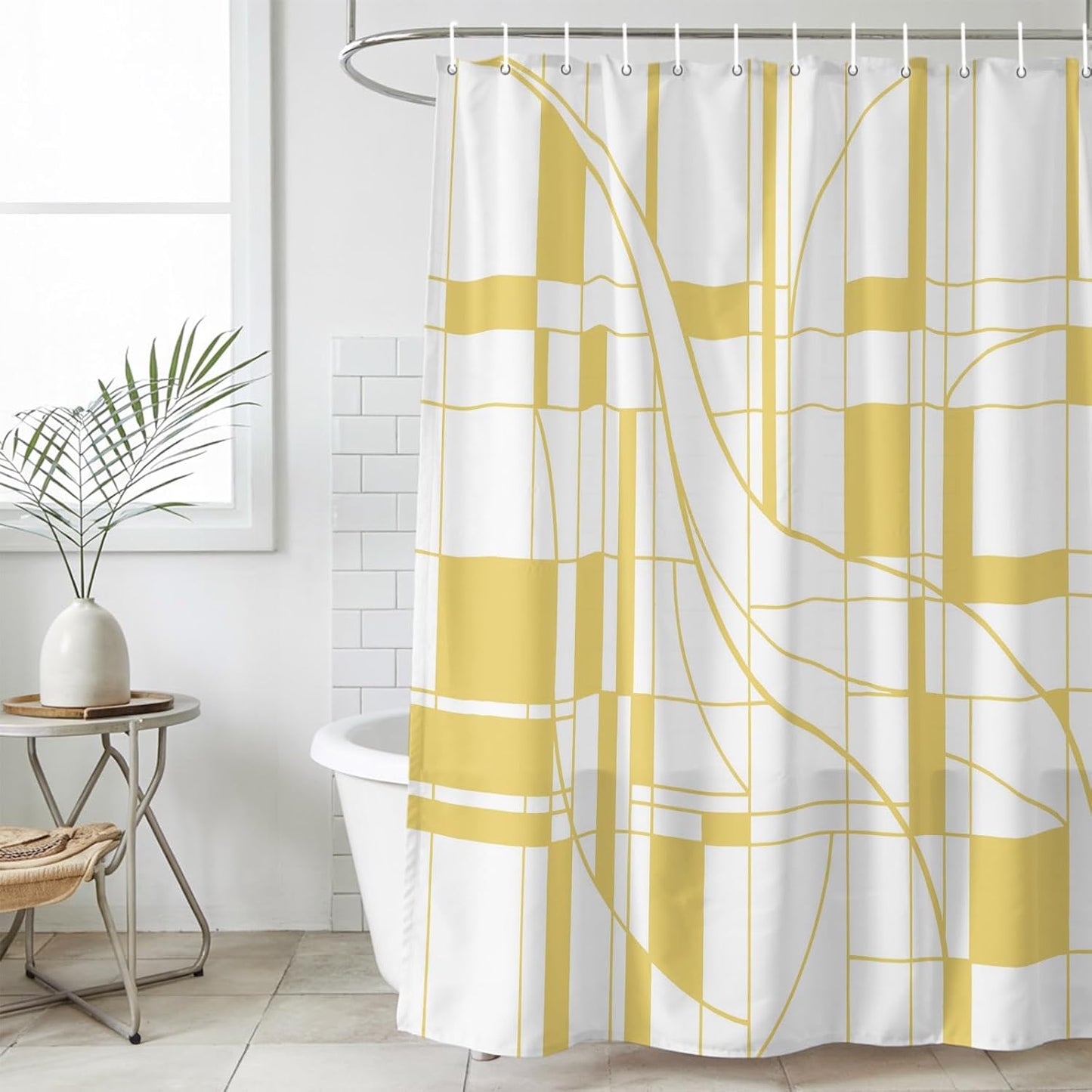 Abstract Modern Yellow Geometric Art Waterproof Shower Curtain Sets Washable Bath Curtain with Hooks, Minimalist Stripe Square Bathroom Curtains 72x72inch