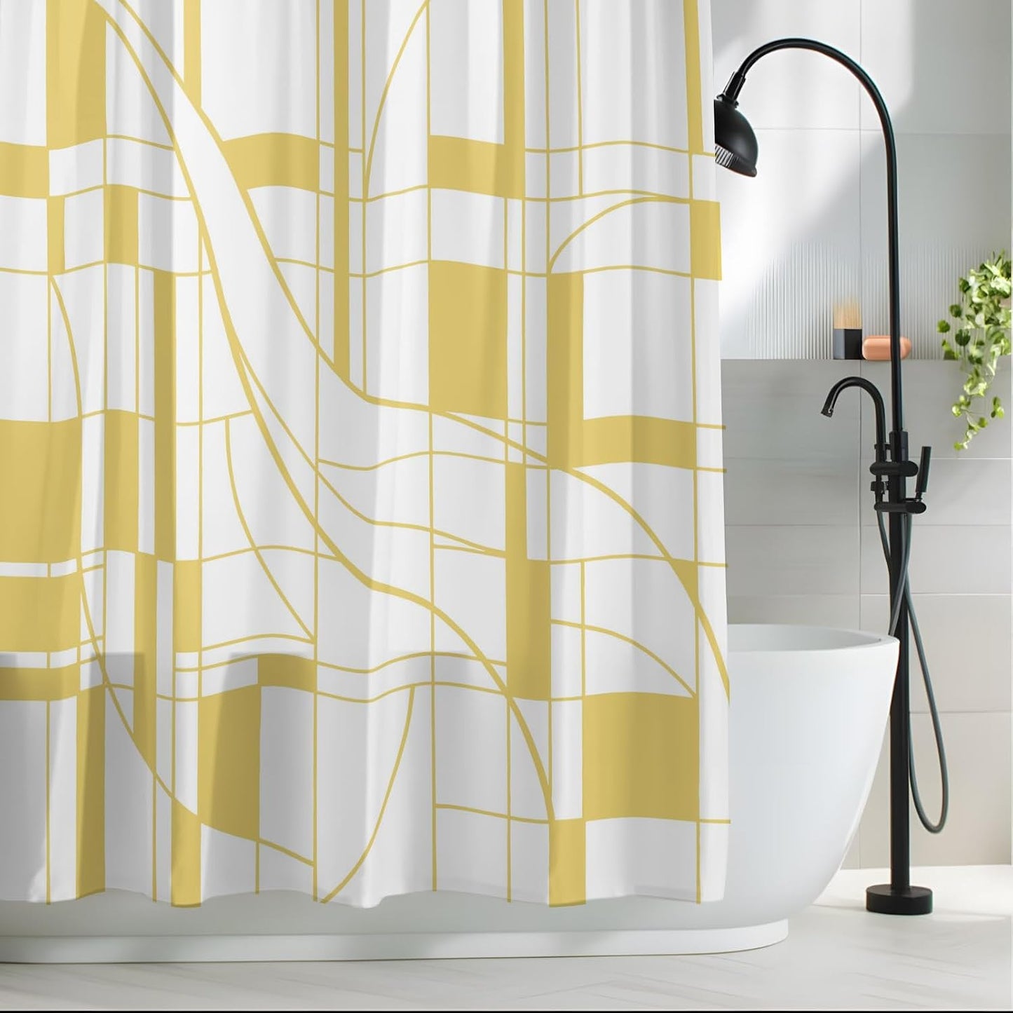 Abstract Modern Yellow Geometric Art Waterproof Shower Curtain Sets Washable Bath Curtain with Hooks, Minimalist Stripe Square Bathroom Curtains 72x72inch