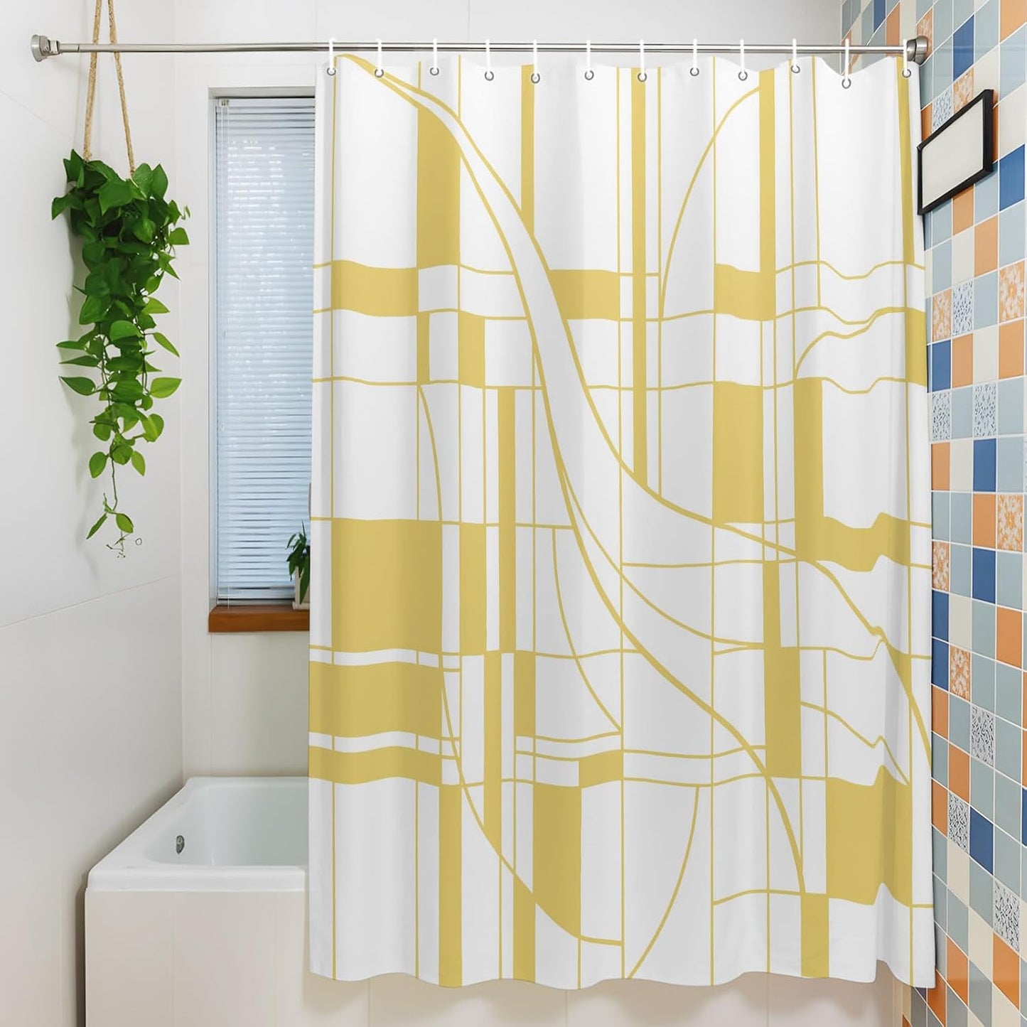 Abstract Modern Yellow Geometric Art Waterproof Shower Curtain Sets Washable Bath Curtain with Hooks, Minimalist Stripe Square Bathroom Curtains 72x72inch