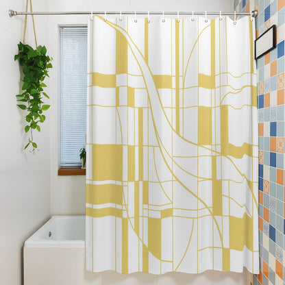 Abstract Modern Yellow Geometric Art Waterproof Shower Curtain Sets Washable Bath Curtain with Hooks, Minimalist Stripe Square Bathroom Curtains 72x72inch