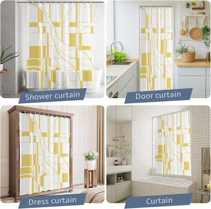 Abstract Modern Yellow Geometric Art Waterproof Shower Curtain Sets Washable Bath Curtain with Hooks, Minimalist Stripe Square Bathroom Curtains 72x72inch