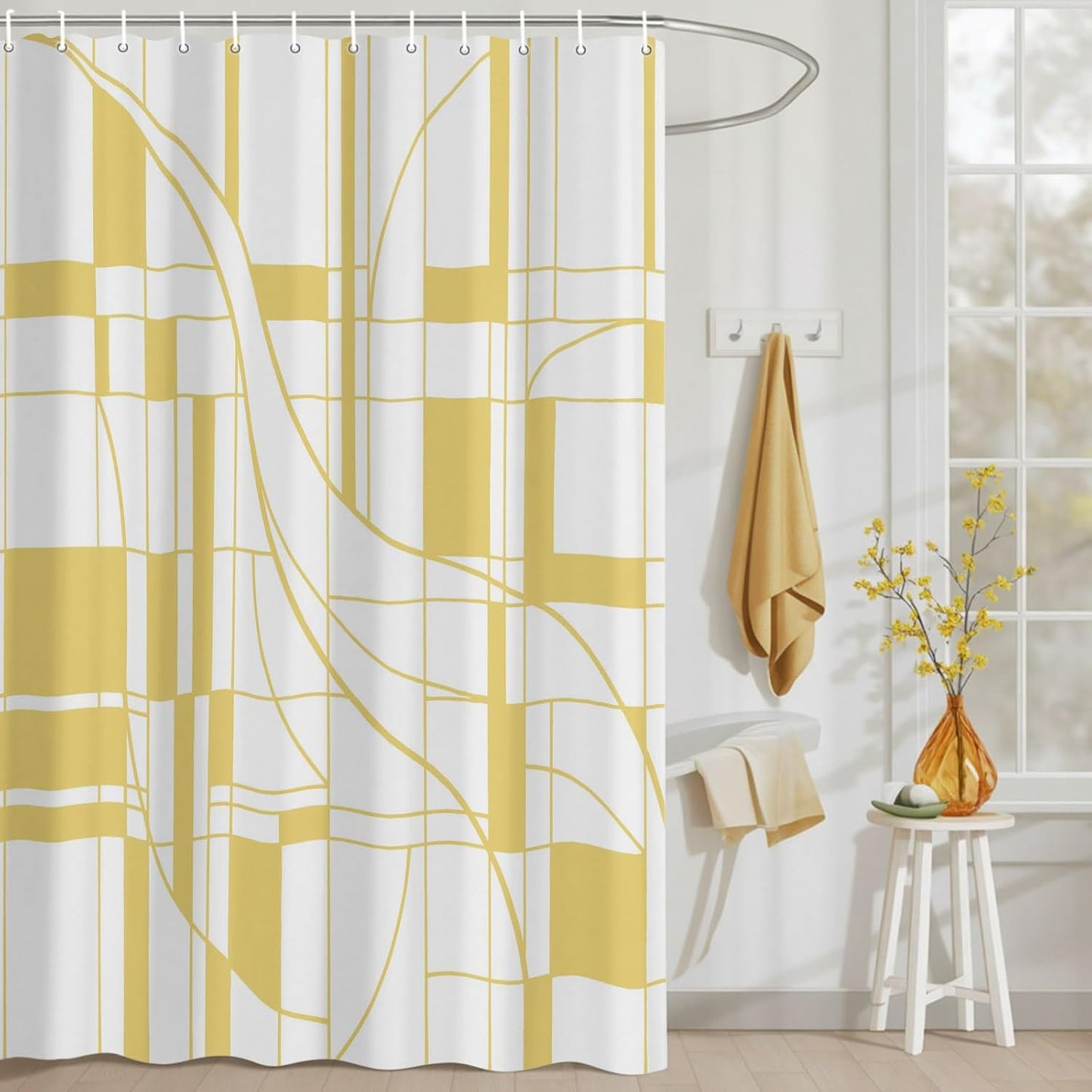 Abstract Modern Yellow Geometric Art Waterproof Shower Curtain Sets Washable Bath Curtain with Hooks, Minimalist Stripe Square Bathroom Curtains 72x72inch