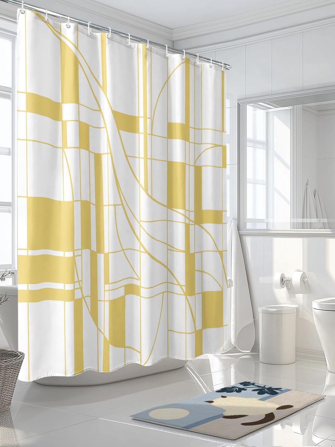 Abstract Modern Yellow Geometric Art Waterproof Shower Curtain Sets Washable Bath Curtain with Hooks, Minimalist Stripe Square Bathroom Curtains 72x72inch