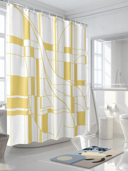 Abstract Modern Yellow Geometric Art Waterproof Shower Curtain Sets Washable Bath Curtain with Hooks, Minimalist Stripe Square Bathroom Curtains 72x72inch