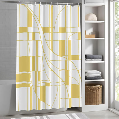 Abstract Modern Yellow Geometric Art Waterproof Shower Curtain Sets Washable Bath Curtain with Hooks, Minimalist Stripe Square Bathroom Curtains 72x72inch