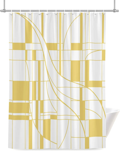 Abstract Modern Yellow Geometric Art Waterproof Shower Curtain Sets Washable Bath Curtain with Hooks, Minimalist Stripe Square Bathroom Curtains 72x72inch