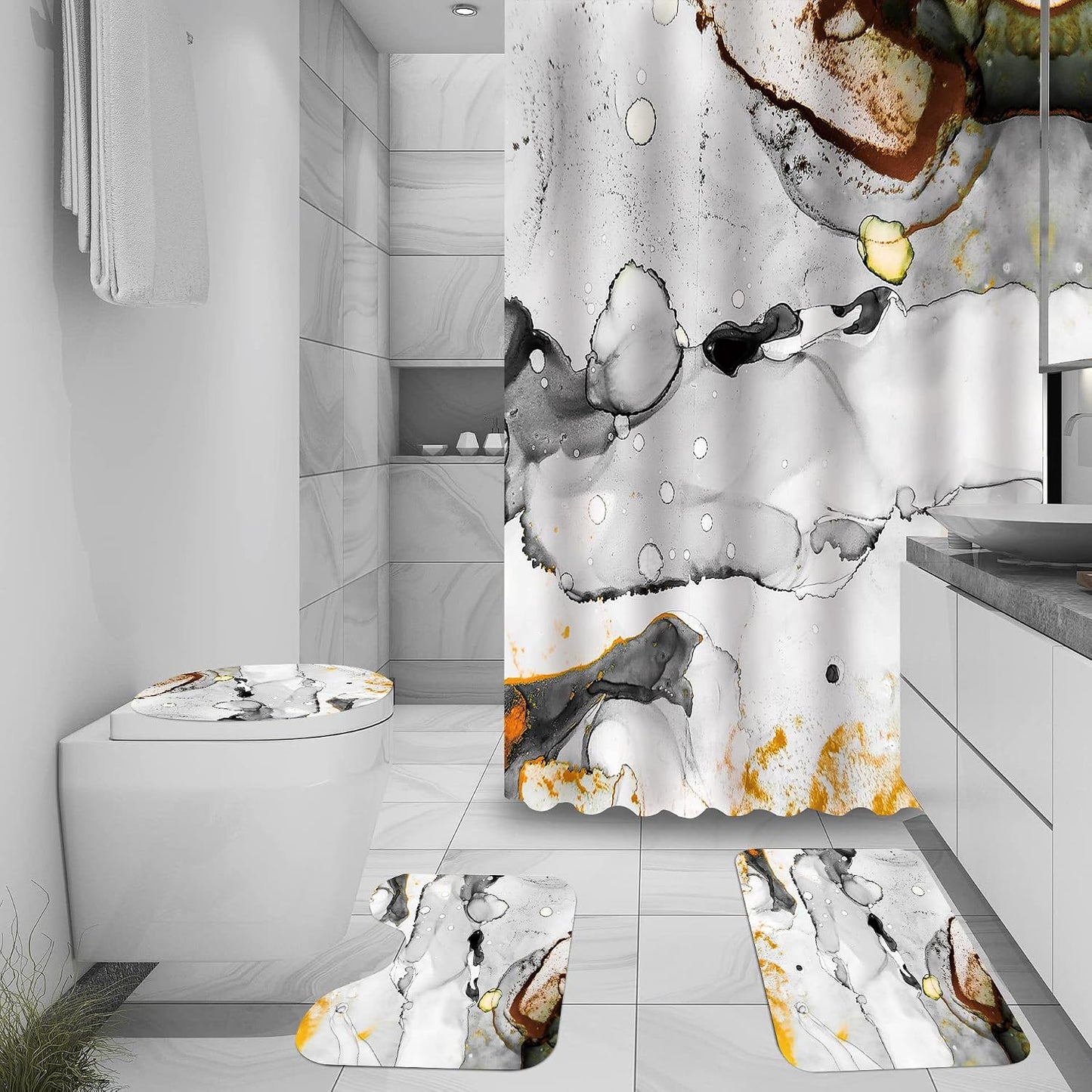 Marble Bathroom Sets with Rugs for Bathroom Decor, 72x72 Inches Gold Shower Curtain with Non-Slip Rugs and Accessories, Waterproof Machine Washable Bath (Curtain Set-Yellow Gray Marble13)