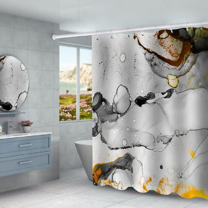 Marble Bathroom Sets with Rugs for Bathroom Decor, 72x72 Inches Gold Shower Curtain with Non-Slip Rugs and Accessories, Waterproof Machine Washable Bath (Curtain Set-Yellow Gray Marble13)