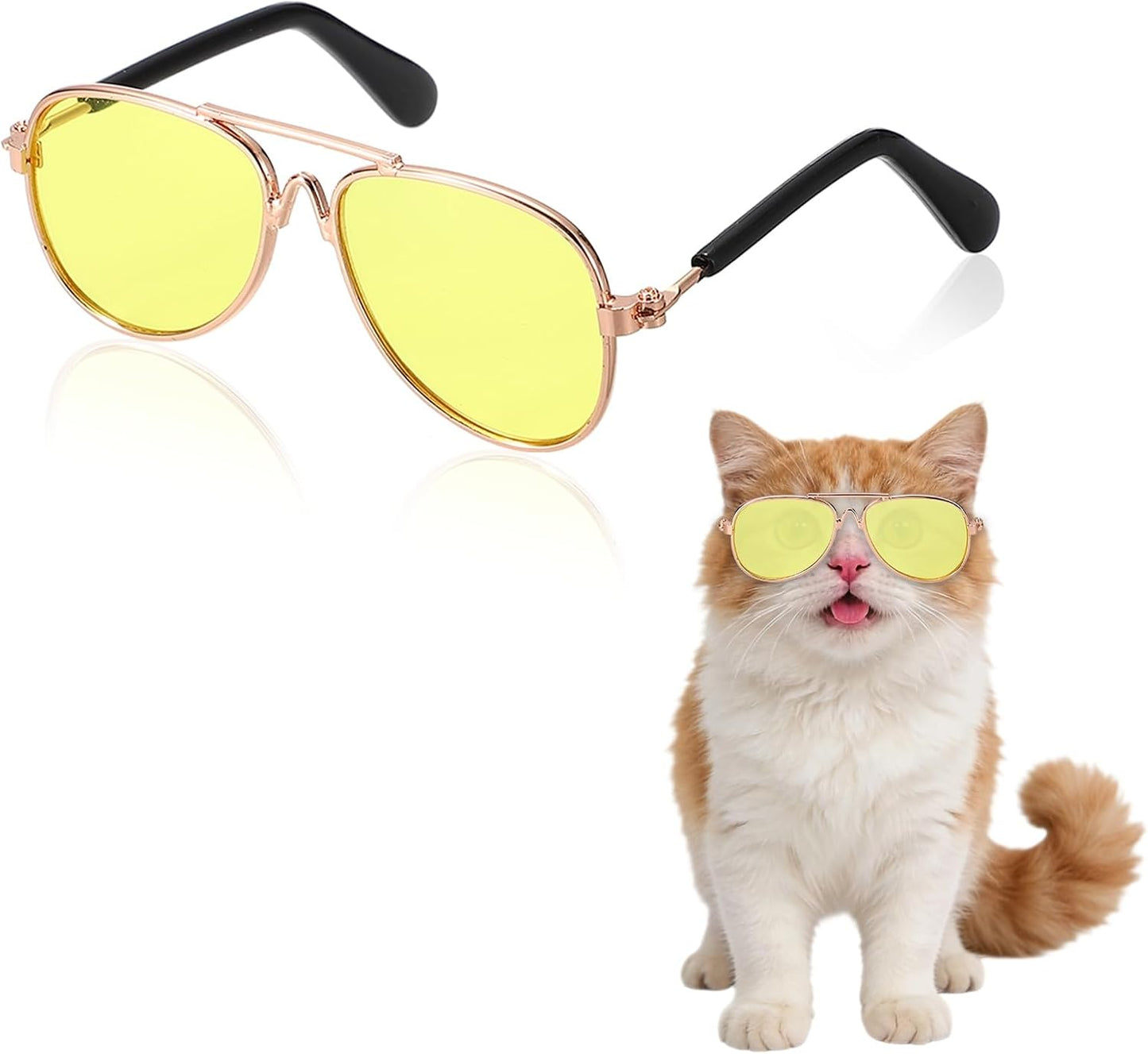 Dog Sunglasses, Retro Dog Kittens Glasses Classic Metal Glasses Cosplay Costume Photo Props Cute Mini Eyewear, (Aviator, Yellow Lens), Intended for Cat/Puppies/Small Pets