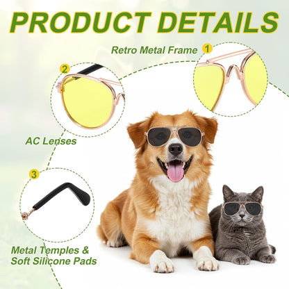 Dog Sunglasses, Retro Dog Kittens Glasses Classic Metal Glasses Cosplay Costume Photo Props Cute Mini Eyewear, (Aviator, Yellow Lens), Intended for Cat/Puppies/Small Pets