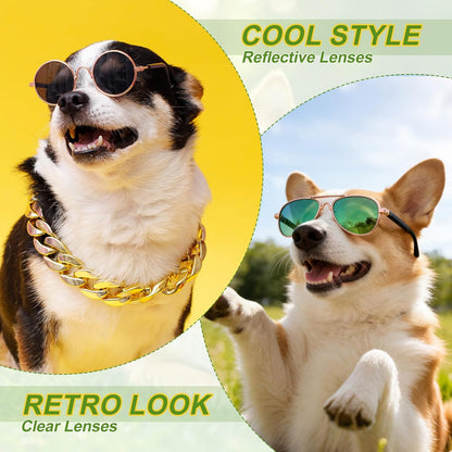 Dog Sunglasses, Retro Dog Kittens Glasses Classic Metal Glasses Cosplay Costume Photo Props Cute Mini Eyewear, (Aviator, Yellow Lens), Intended for Cat/Puppies/Small Pets