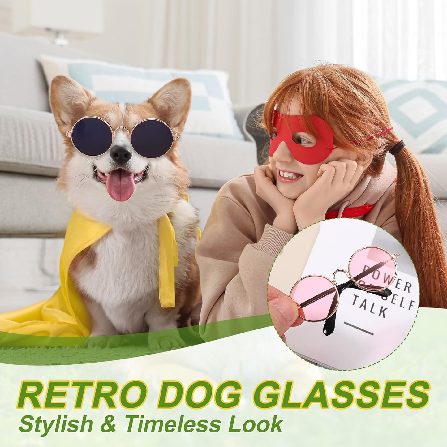 Dog Sunglasses, Retro Dog Kittens Glasses Classic Metal Glasses Cosplay Costume Photo Props Cute Mini Eyewear, (Aviator, Yellow Lens), Intended for Cat/Puppies/Small Pets