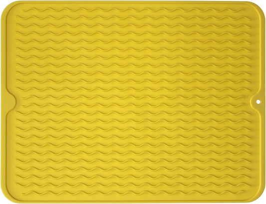 Silicone Drying Mat, 16"x12" - Grooved Design, Heat-Resistant, Non-Slip, BPA-Free - For Dishes, Cutlery, Pots, Pans (Yellow)
