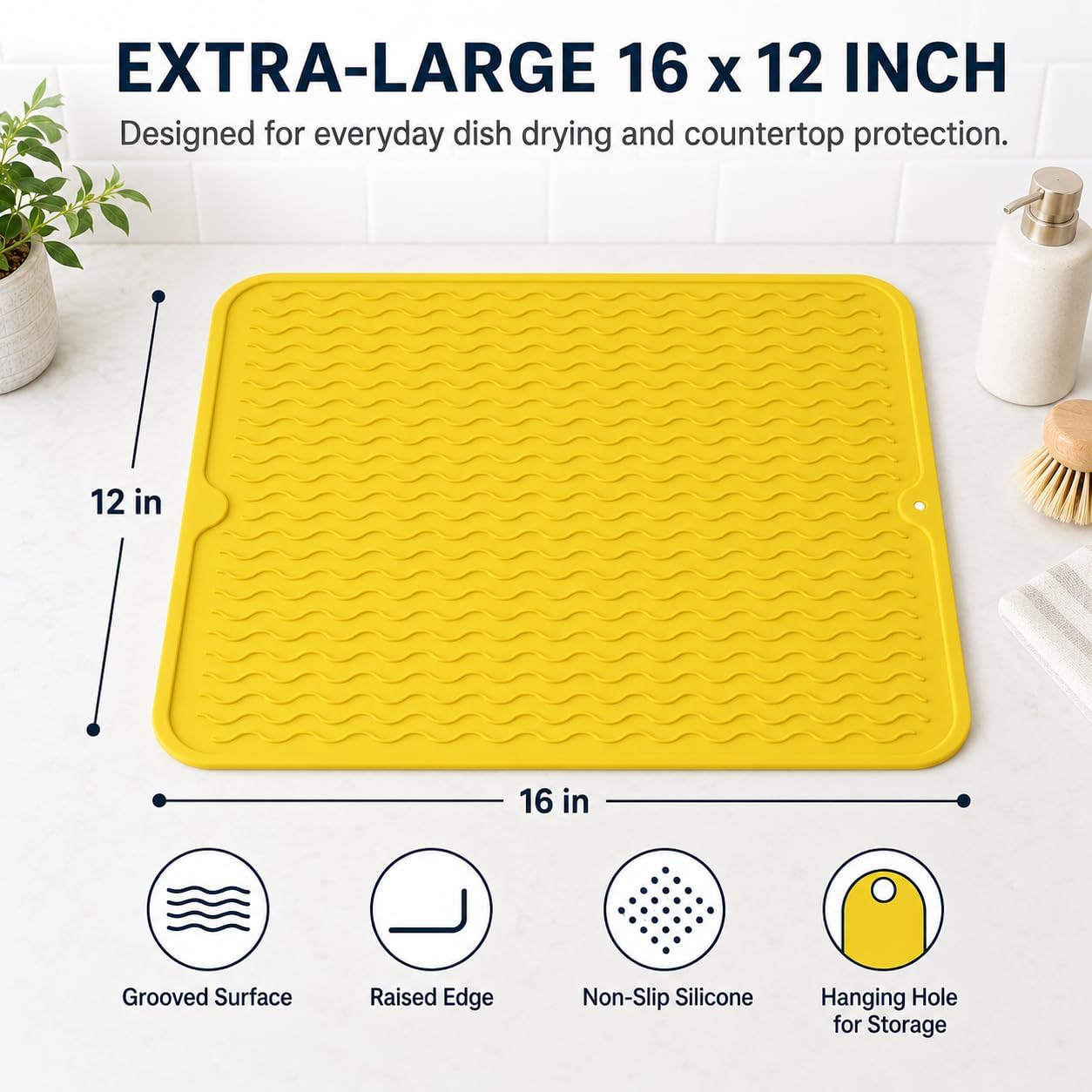 Silicone Drying Mat, 16"x12" - Grooved Design, Heat-Resistant, Non-Slip, BPA-Free - For Dishes, Cutlery, Pots, Pans (Yellow)